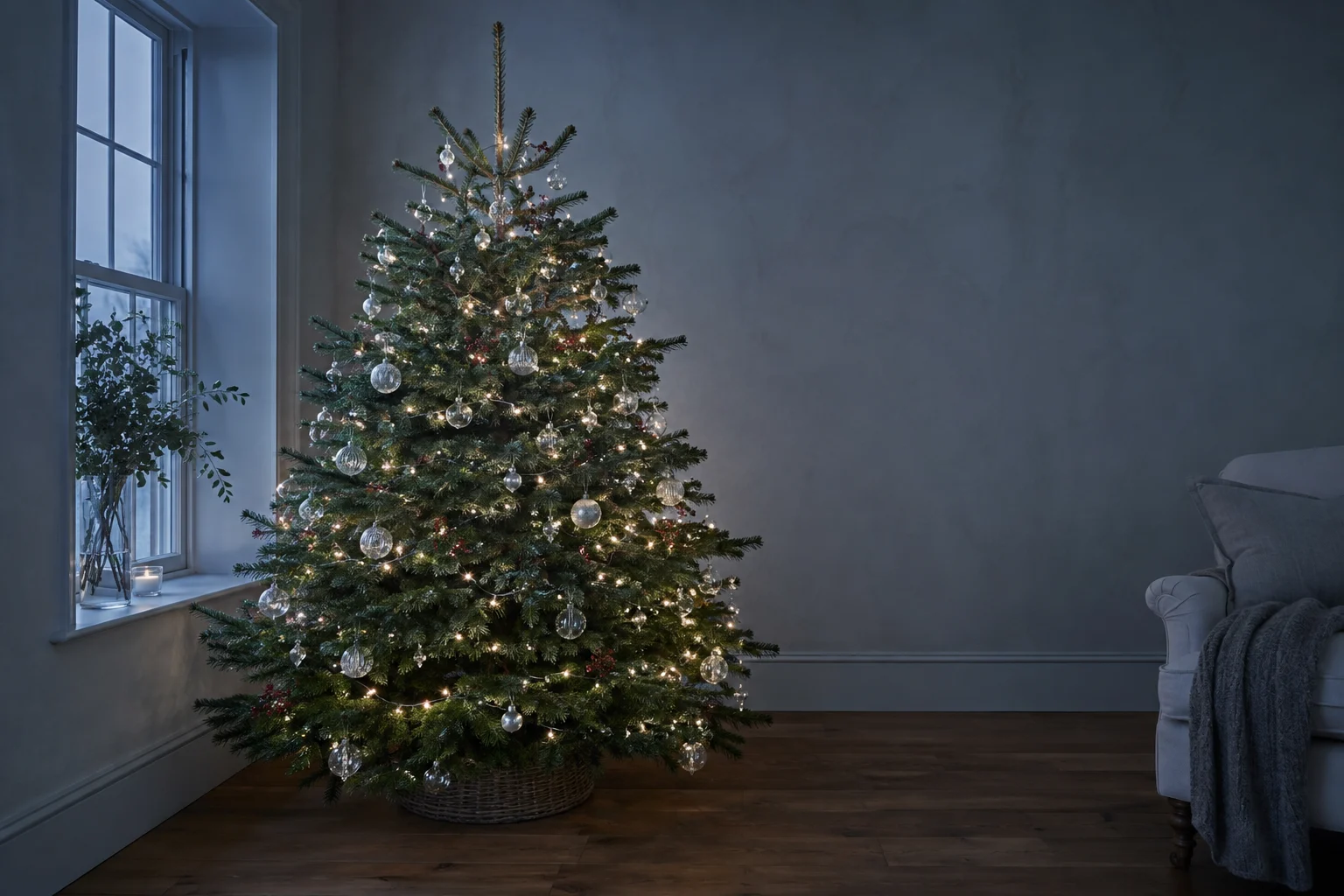 A Christmas tree glowing with lights in a family’s living room