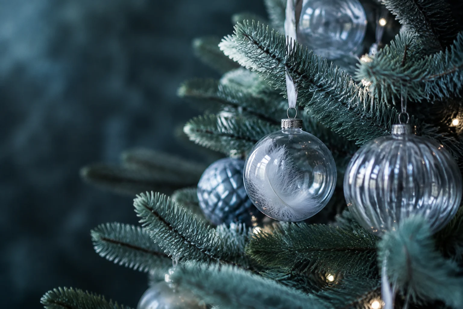 Silver glass ornaments and feather details among fir branches